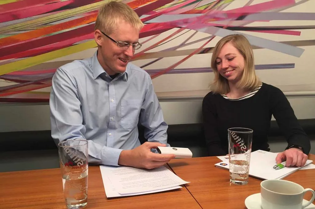 Jürgen Nitscke and Julia Siebert of the smart living department at Joseph Stiftung explore Safera Siro R stove guard which met all the requirements the company had for stove guards.