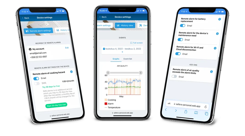 Safera Cloud: etähälytykset, huoltoilmoitukset ja historiatietojen tarkastelu.