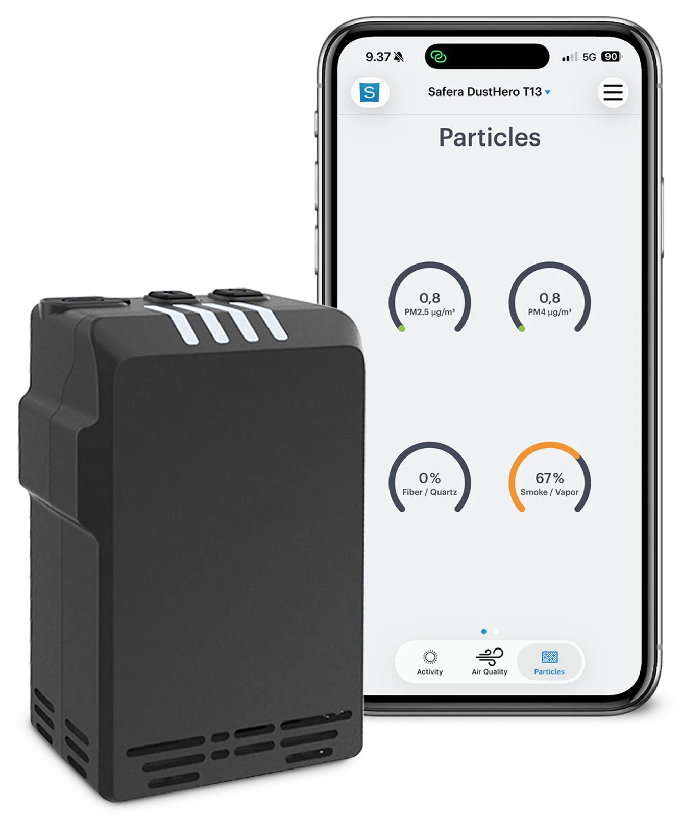 Application mobile Safera DustHero affichant les concentrations de particules fines en temps réel