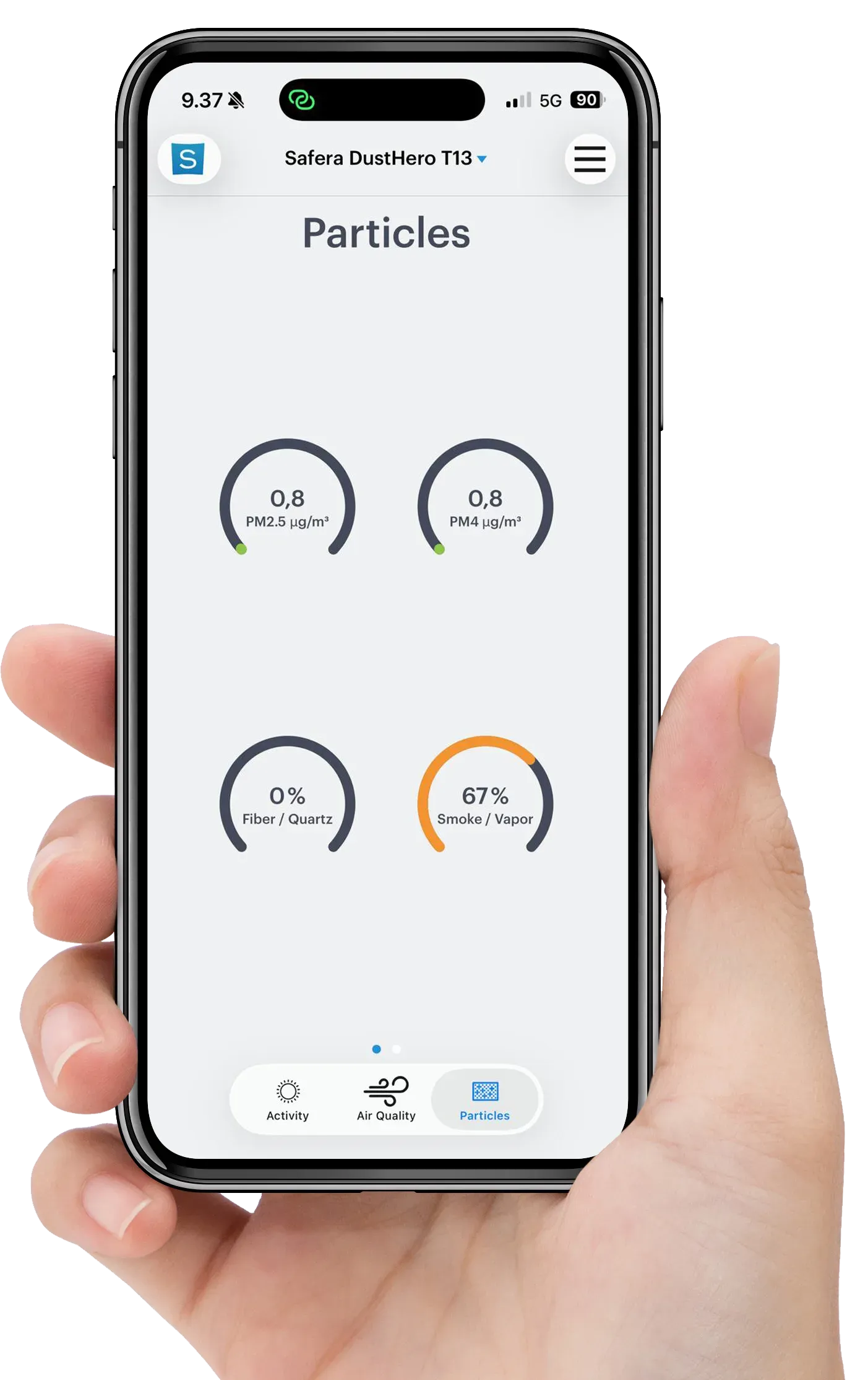 Safera DustHero mobilapp viser partikkelkonsentrasjoner i sanntid
