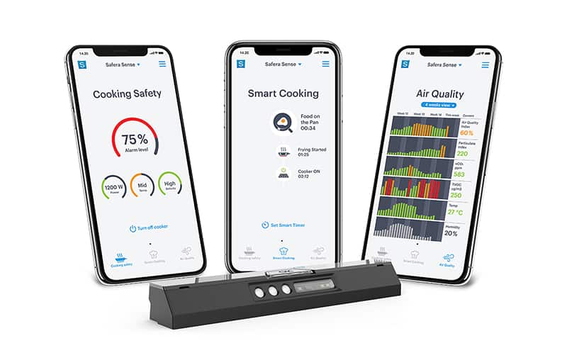 Safera mobile app for Safera Sense stove guard has three main features, cooking safety, smart cooking and air quality monitoring