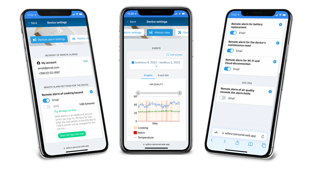 Safera Cloud med eksterne alarmer, vedlikeholdsvarsler og dataloggvisning.